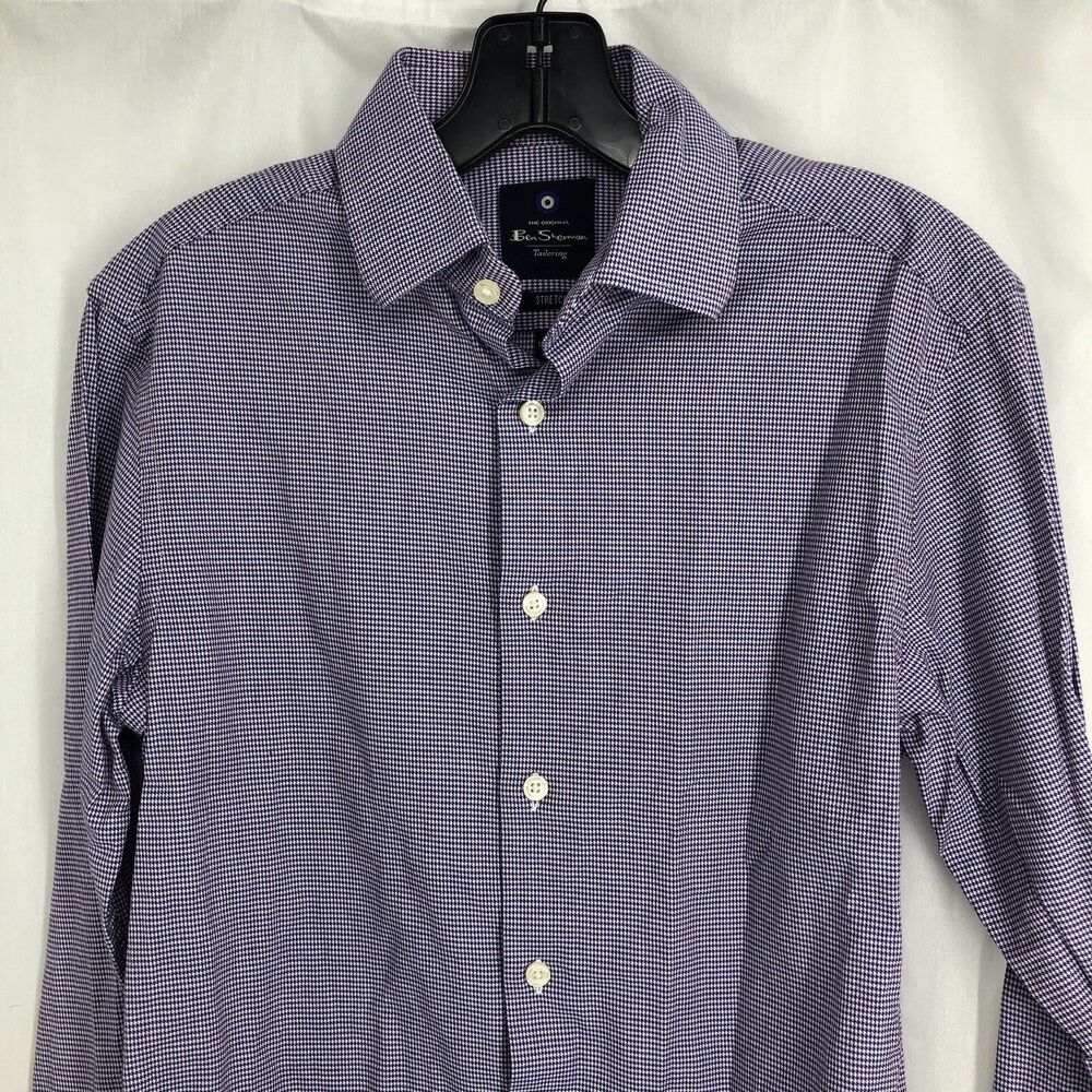Ben Sherman Stretch Purple Houndstooth Button Up Long Sleeve Shirt Small 14-14.5